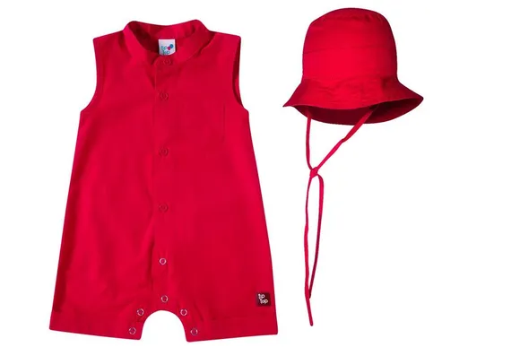 Banho De Sol Bebê Festivo Com Chapéu Vermelho Tricoline Tip Top