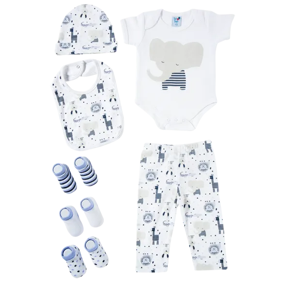 Kit Enxoval 7 Peças Caixa De Presente Elefante Safari Suedine Bebê Tip Top