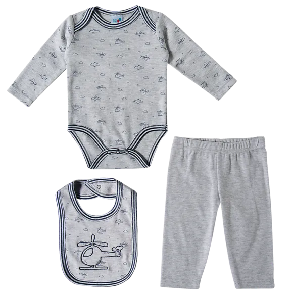 Kit Enxoval 3 Peças Bebê Divertidas Manga Longa Suedine Tip Top