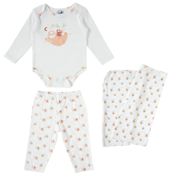 Kit Enxoval 3 Peças Bebê Bicho Preguiça Suedine Tip Top