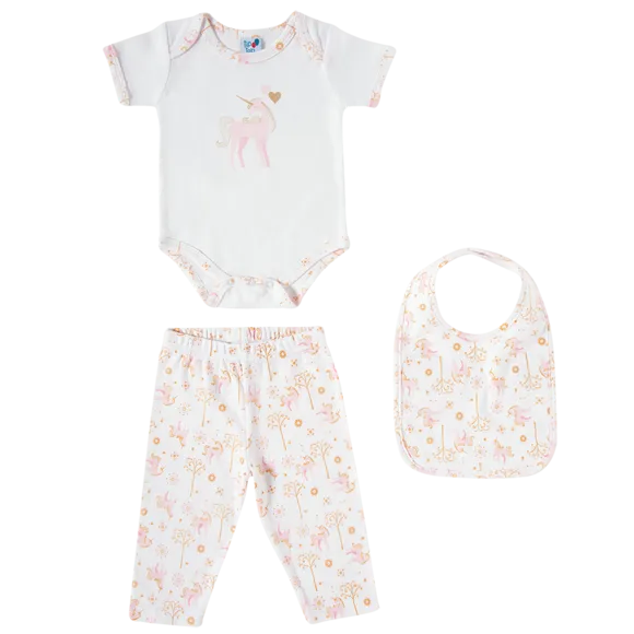 Kit Enxoval 3 Peças Bebê Unicórnio Rosa Claro Suedine Tip Top