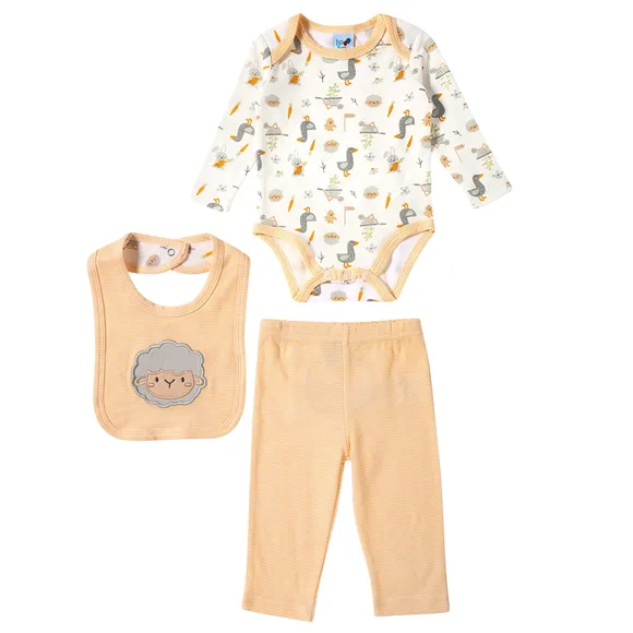 Kit Enxoval 3 Peças Bebê Body Manga Longa Babador E Calça Suedine Tip Top