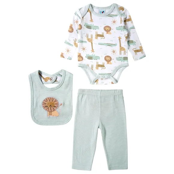 Kit Enxoval 3 Peças Bebê Body Manga Longa Babador E Calça Suedine Tip Top