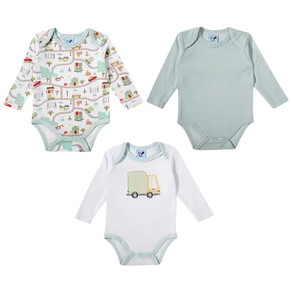 Kit Enxoval 3 Body Manga Longa Estampa Bordada Bebê Tip Top