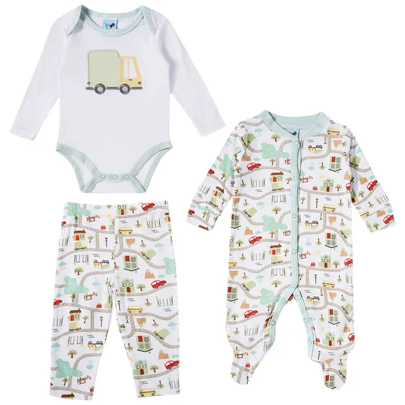 Kit Bebê Enxoval 3 Peças Macacão Body Manga Longa E Calça Suedine Tip Top