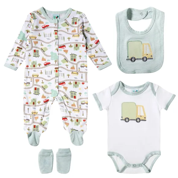 Kit Enxoval Presente 4 Peças Macacão Body Babador E Luva Suedine Bebê Tip Top