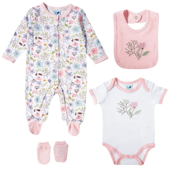 Kit Enxoval Presente 4 Peças Macacão Body Babador E Luva Suedine Bebê Tip Top