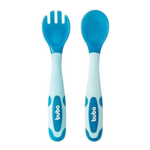 Kit Garfo E Colher Flexível E Termossensível Azul Buba