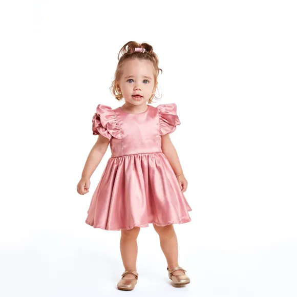 Vestido Manga Curta Rosa Cetim Com Elastano Bebê Tip Top