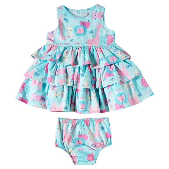 Vestido Sem Manga Bebê Zoo Tricoline Forro Em Tule Tip Top