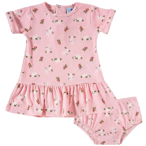 Vestido Manga Curta Com Calcinha Bebê Rosa Malha Canelada Tip Top