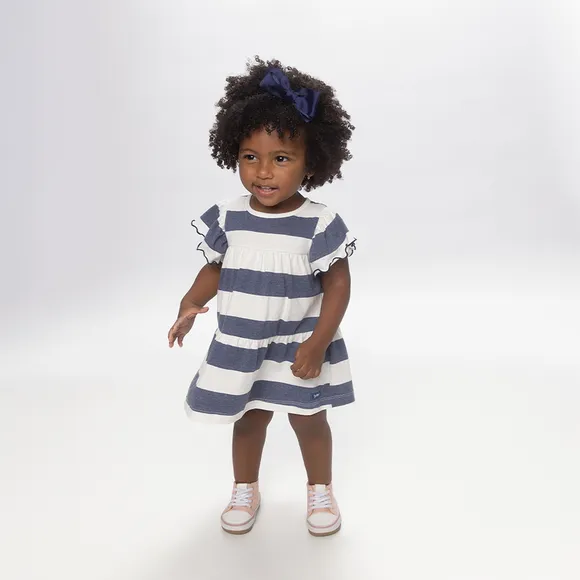 Vestido Manga Curta Listrado Blue Meia Malha Bebê Tip Top