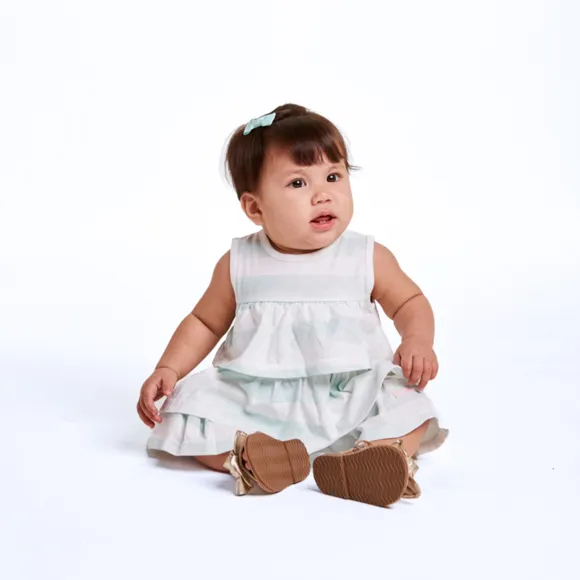 Vestido Sem Manga Com Listras E Babados Meia Malha Bebê Tip Top