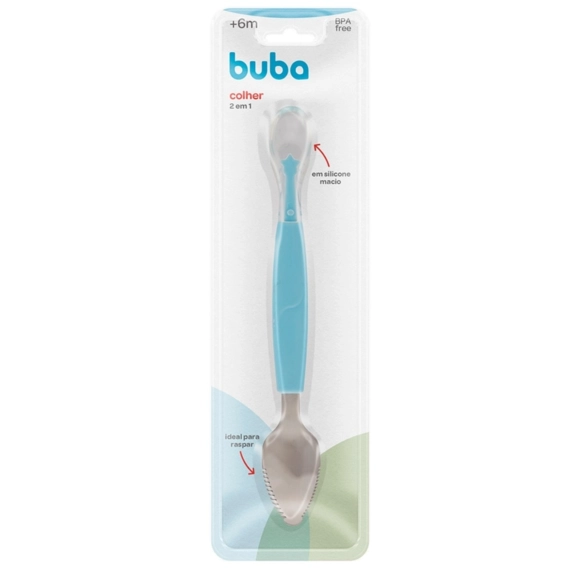 Colher Ponta Dupla Inox 2 Em 1 Azul Buba