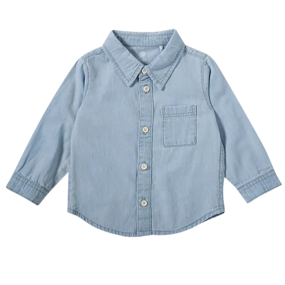 Camisa Festiva Manga Longa Azul Claro Jeans Bebê Tip Top