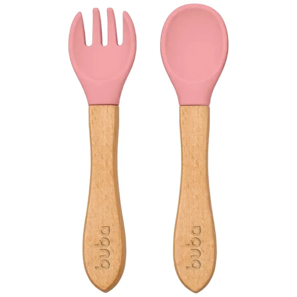 Kit Talheres De Silicone Com Cabo De Bambu Rosa Buba