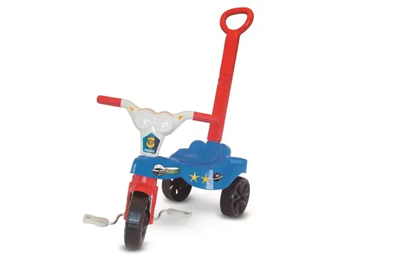 Triciclo Com Empurrador Policial Azul Maral