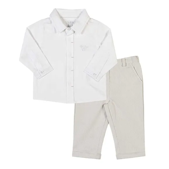 Conjunto Comprido Toddler Camisão Branco Bolso E Botões Calça Caqui Com Bolso