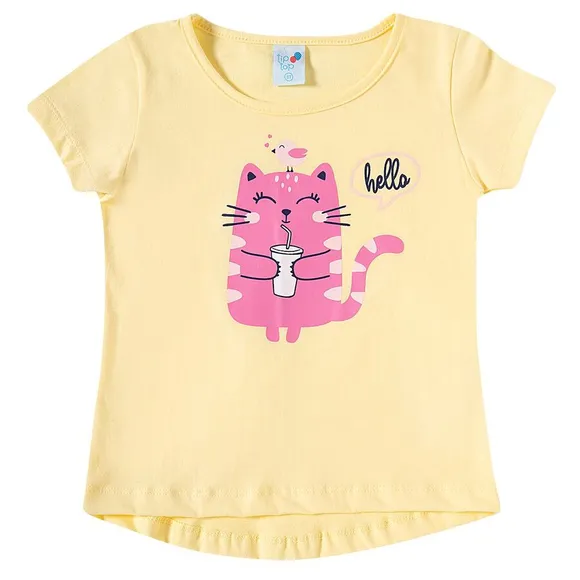 Blusa Manga Curta Toddler Gatinha Rosa Meia Malha Tip Top