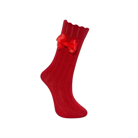 Meia 3/4 Toddler Vermelha Com Lacinho Malha Tip Top