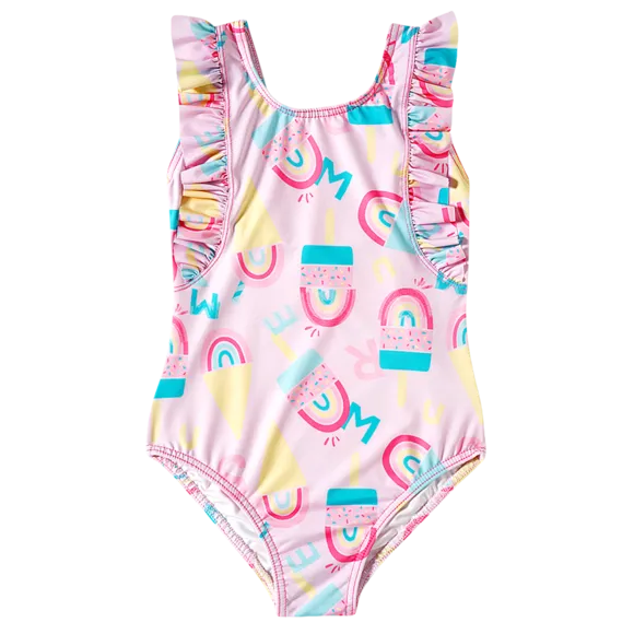 Maiô Sorvete Alfabeto Rosa Elastano Toddler  Proteção Uv 50+