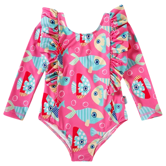 Body Manga Longa Praia Peixes Rosa Elastano Toddler Proteção Uv 50+