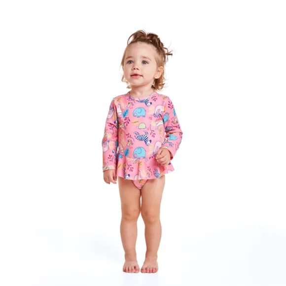 Body Manga Longa Praia Safari Rosa Elastano Toddler Proteção Uv50+ Tip Top