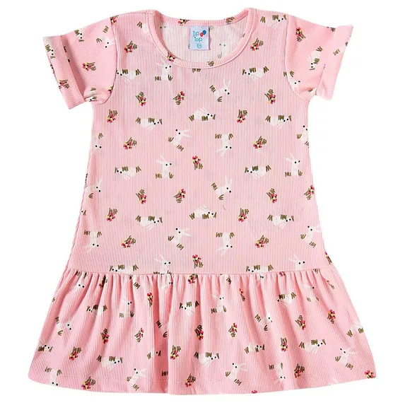 Vestido Manga Curta Toddler Rosa Malha Canelada Tip Top