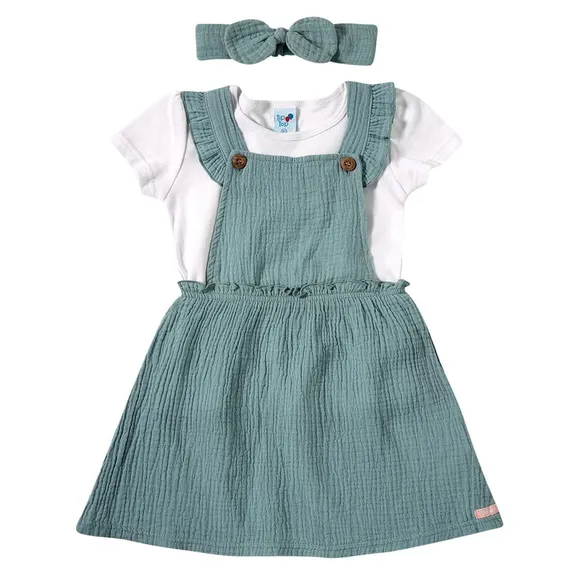 Kit Salopete Blusa Manga Curta E Faixa Para Cabelo Estampa Lisa Gaze Toddler Tip Top
