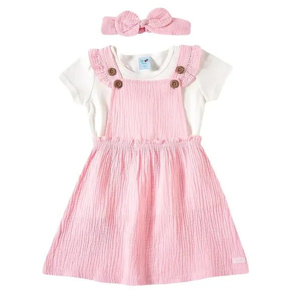 Kit Salopete Blusa Manga Curta E Faixa Para Cabelo Rib Toddler Tip Top