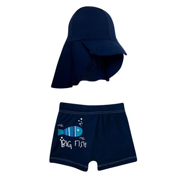 Shorts Com Chapéu Praia Fundo Do Mar Elastano Toddler Proteção Uv 50+