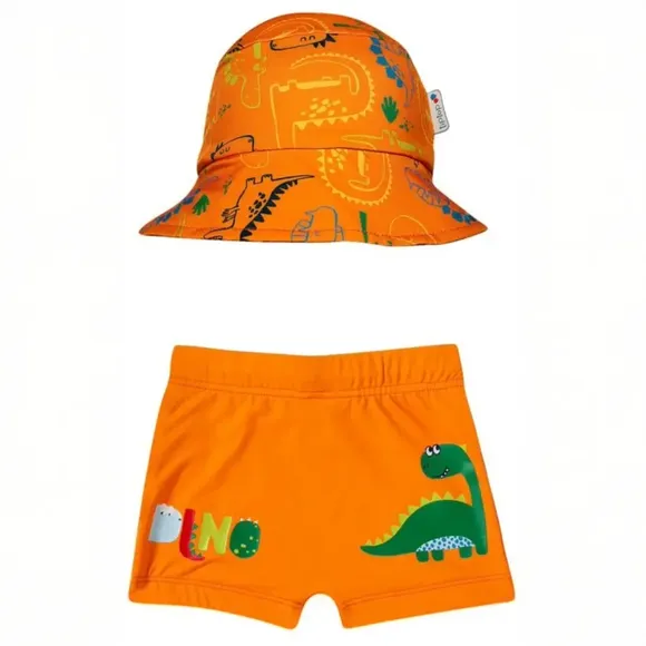 Short Com Chapeu Dino Laranja Lycra Toddler Uv50+ Tiptop
