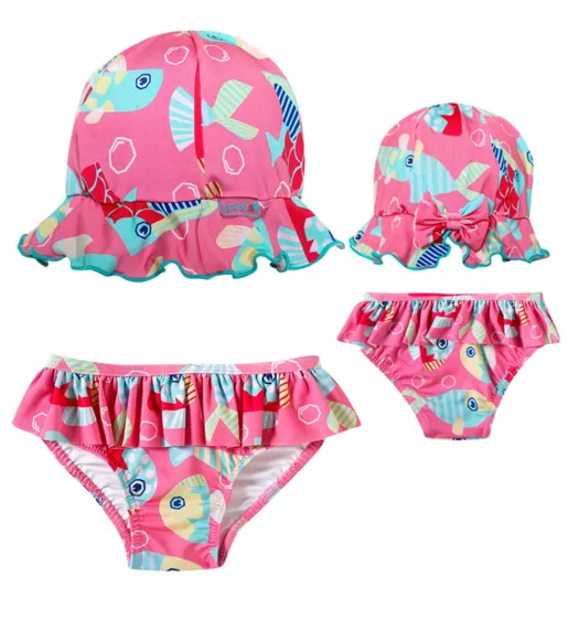Bundinha Com Chapéu Peixes Rosa Elastano Toddler Proteção Uv 50+