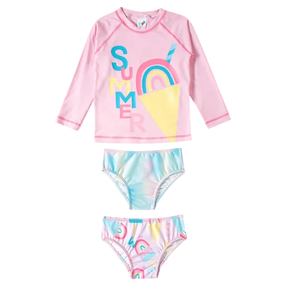 Kit Praia 1 Camiseta E 2 Calcinhas Sorvete Alfabeto Rosa Lycra Toddler Proteção Uv 50+