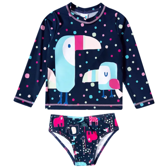 Kit Praia Camiseta Calcinha E Chapéu Zoo Colorido Elastano Toddler Proteção Uv 50+