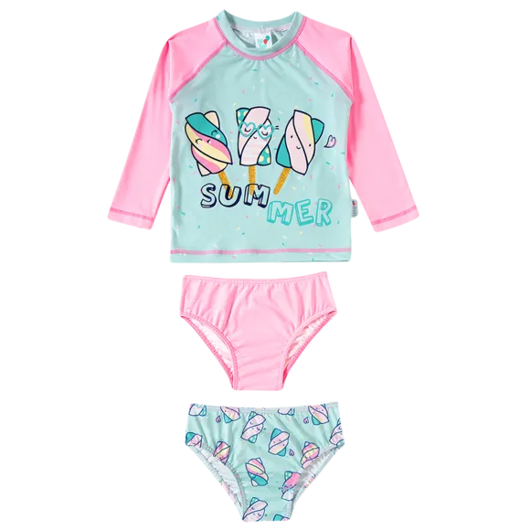 Kit Praia 1 Camiseta E  2 Calcinhas Marshmellow Toddler Proteção Uv50+