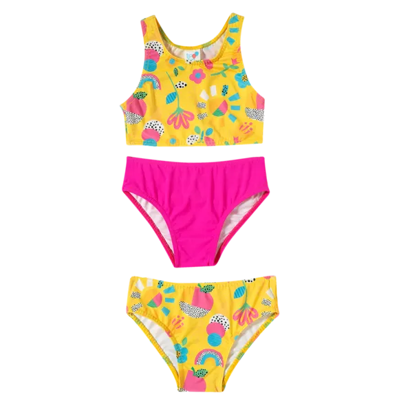 Conjunto Três Peças Praia Jardim Amarelo Elastano Toddler Uv50+ Tip Top