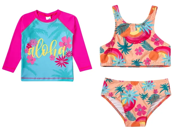Kit 3 Peças Praia Floral Laranja Elastano Toddler Proteção Uv 50+ Tip Top