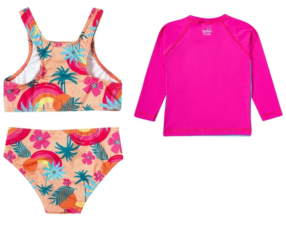 Kit 3 Peças Praia Floral Laranja Elastano Toddler Proteção Uv 50+ Tip Top
