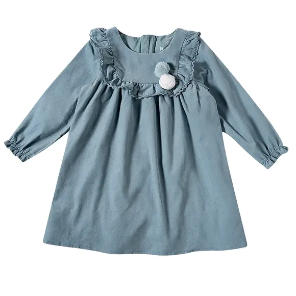 Vestido Manga Longa Toddler Azul Veludo Cotelê Tip Top