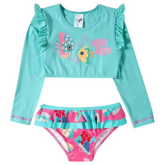 Top Com Calcinha Praia Peixes Rosa Lycra Toddler Proteção Uv 50+