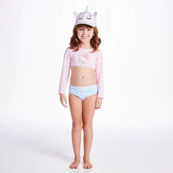 Top E Calcinha Toddler Unicórnio Floral Lycra Proteção Uv 50+ Tip Top