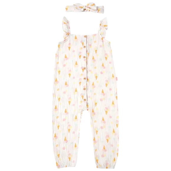 Macacão Com Faixa Para Cabelo Sorvete Gaze Estampada Kids Tip Top