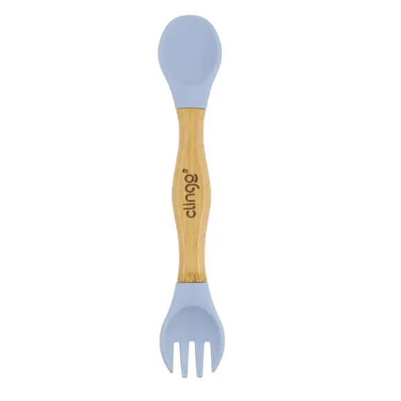 Talher Duplo Duas Pontas De Silicone Com Cabo De Bambu Azul Clingo