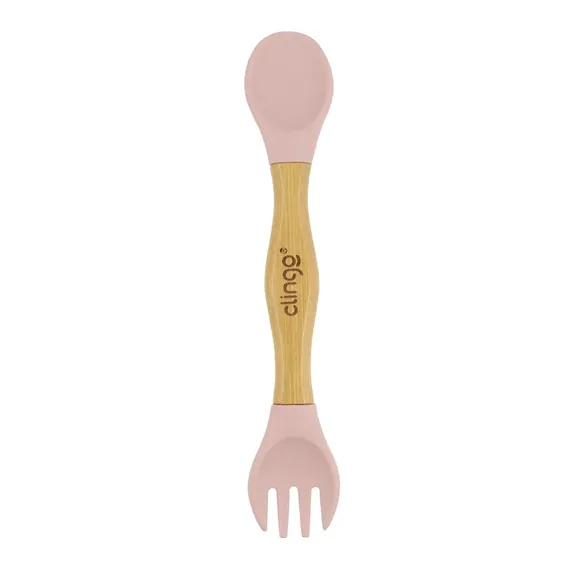 Talher Duplo Duas Pontas De Silicone Com Cabo De Bambu Rosa Clingo