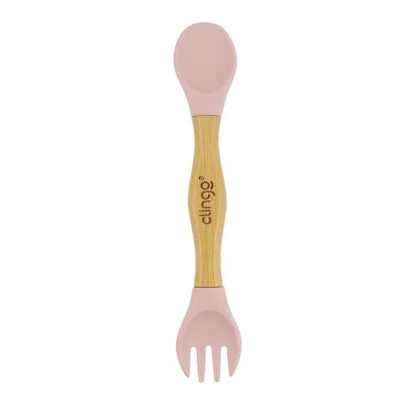 Talher Duplo Duas Pontas De Silicone Com Cabo De Bambu Rosa Clingo
