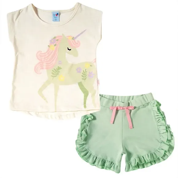 Conjunto Curto Kids Unicórnio Malha Flamê Tip Top
