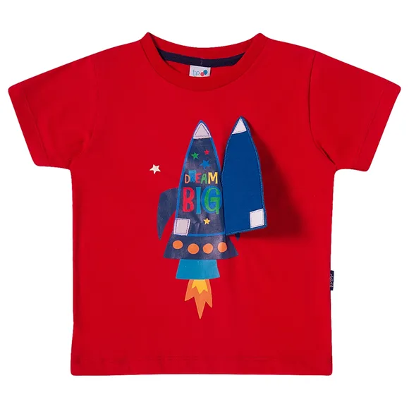 Camiseta Vermelha Manga Curta Foguete Meia Malha Kids Tip Top