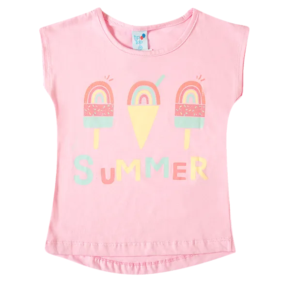 Blusa Manga Curta Rosa Sorvete Meia Malha Kids Tip Top