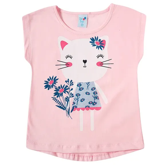 Blusa Manga Curta Kids Gatinha Meia Malha Tip Top